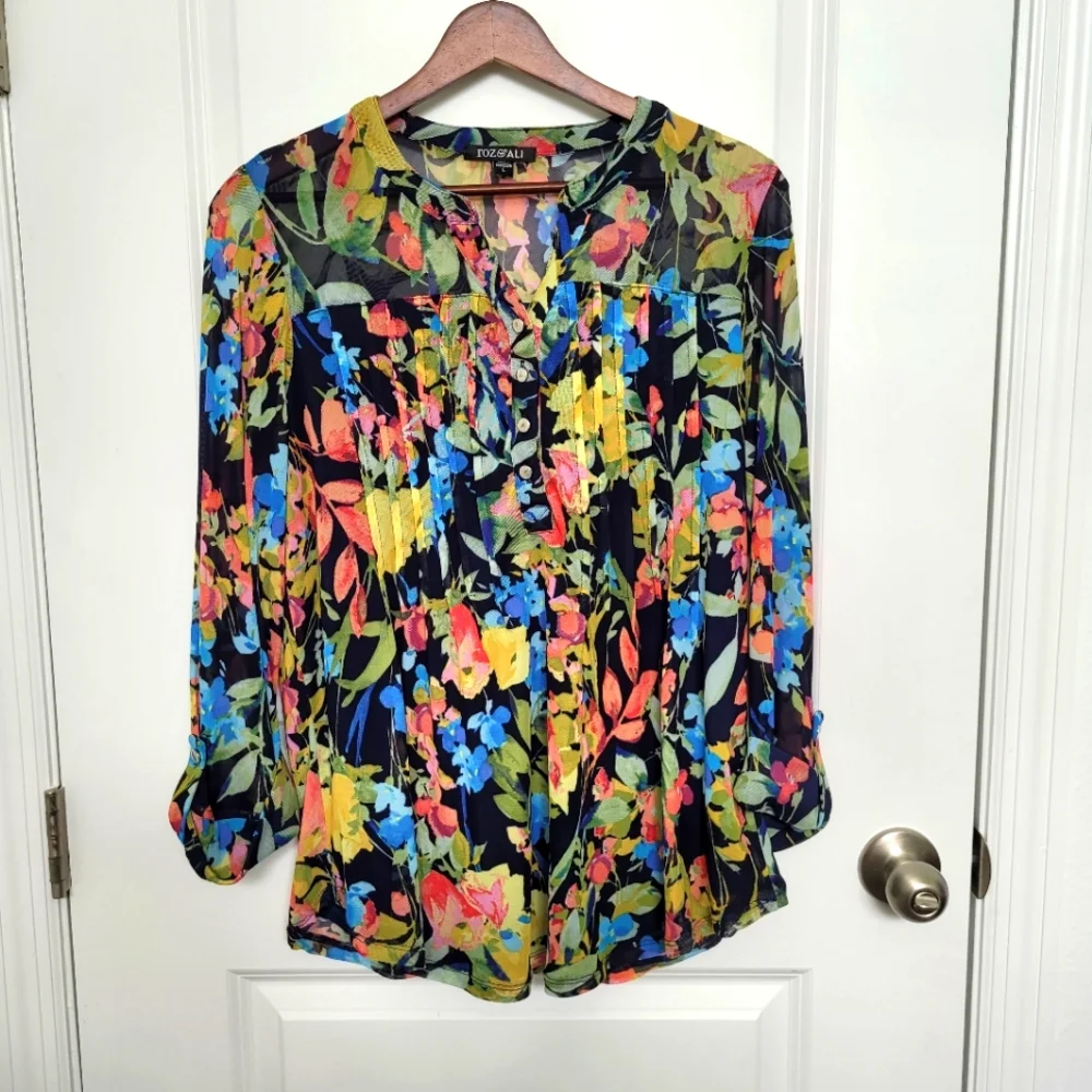 Roz & Ali Floral Multicolored Green Pink Yellow Blue Blouse with Buttons Large - Picture 1 of 8